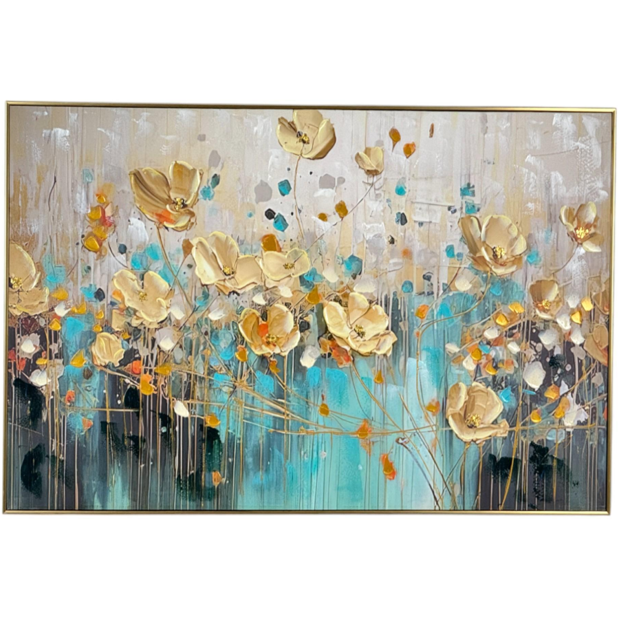 Cuadro flores doradas y aqua