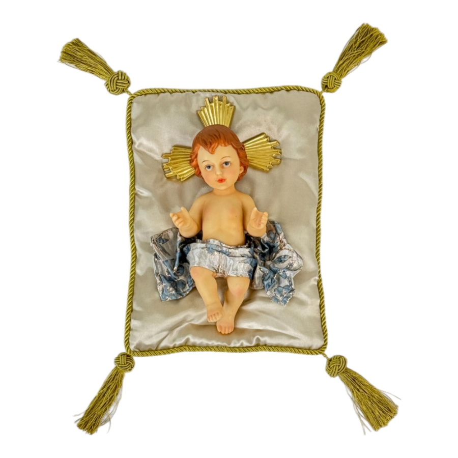 Figura Niño Jesús con túnica blanca cojín