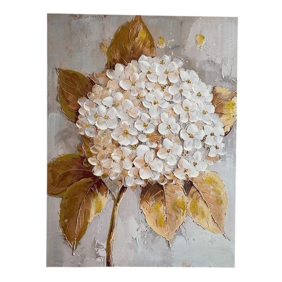 Cuadro flor blanca y hojas doradas