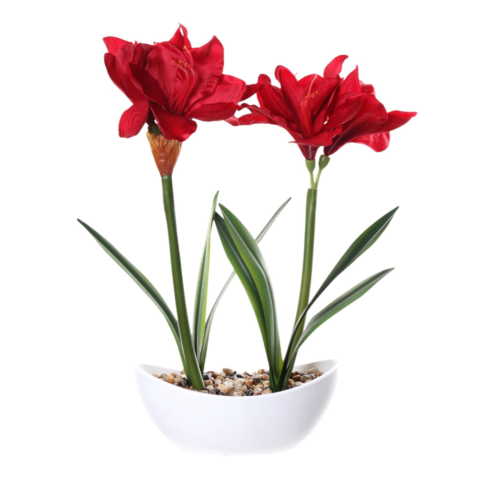 Flor artificial roja en maceta blanca