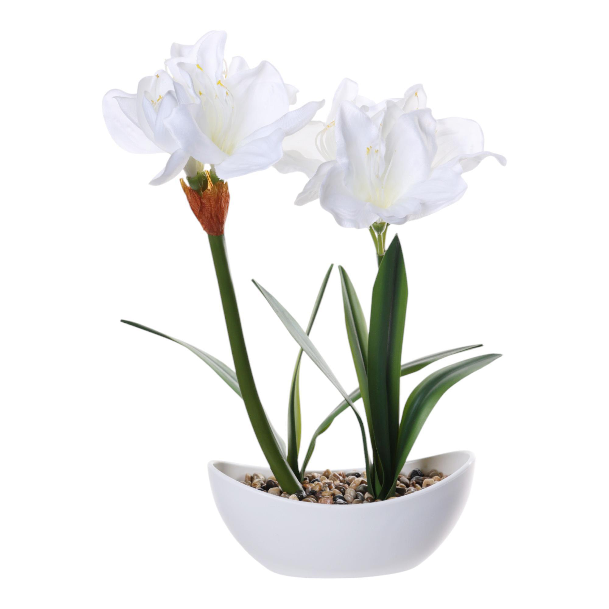 Flor blanca artificial en maceta curva